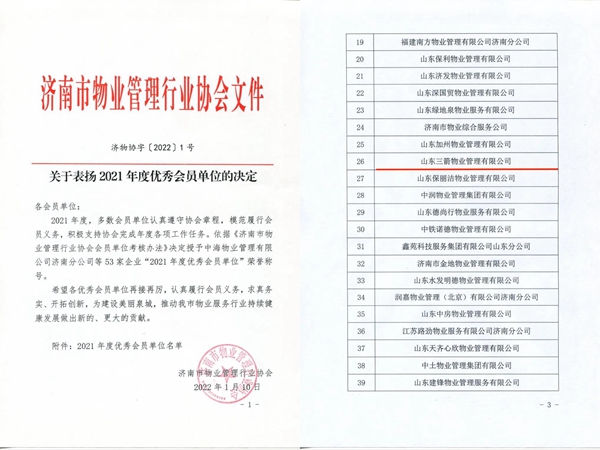 雙倍榮譽！山東三箭物業(yè)管理有限公司榮獲物業(yè)協(xié)會 “年度優(yōu)秀會員單位”